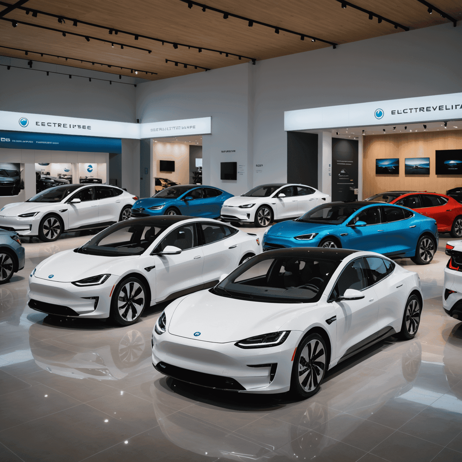 Diverse nieuwe elektrische voertuigmodellen op een showroomvloer, met futuristische verlichting en design