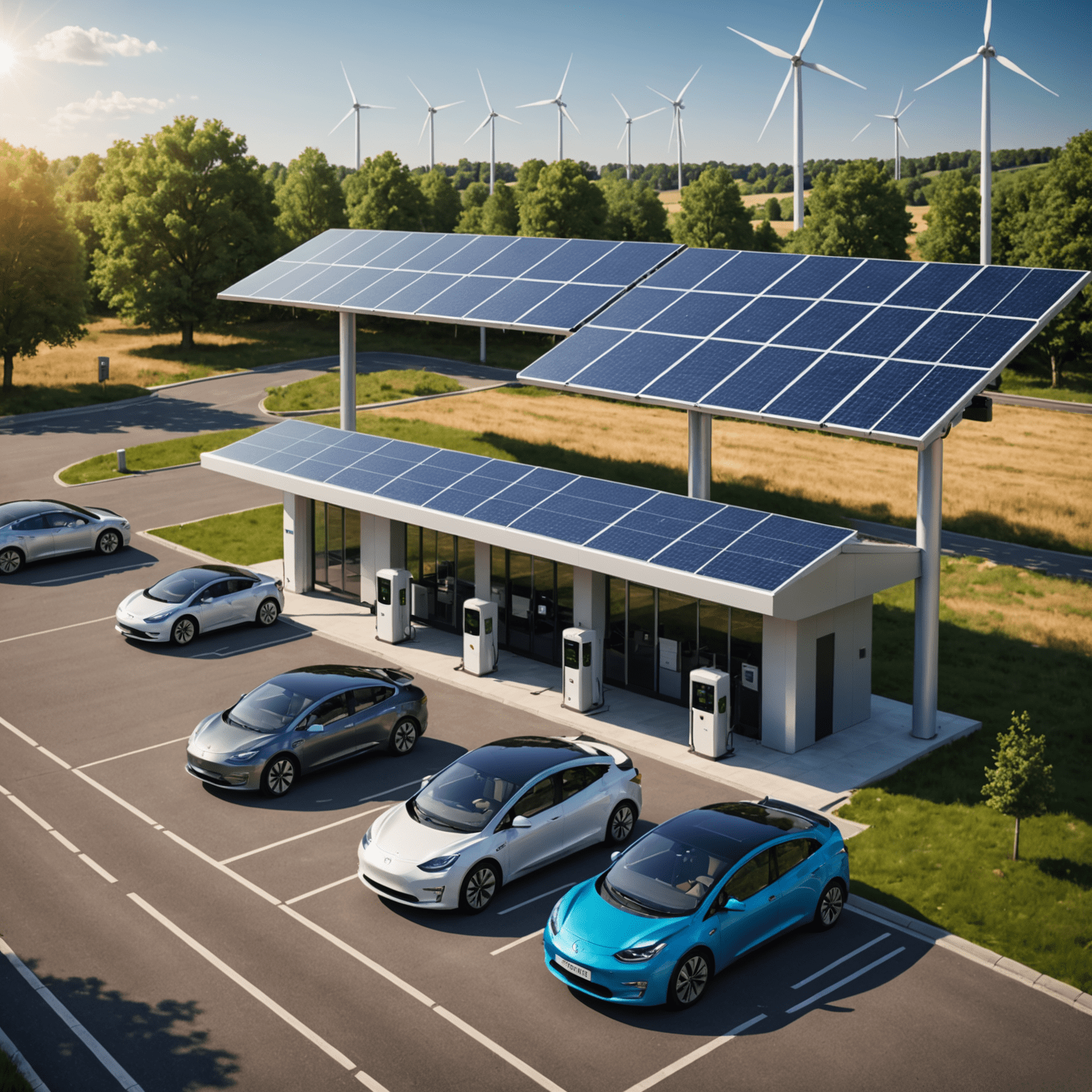 Zonnepanelen en windturbines naast een groot laadstation voor elektrische auto's