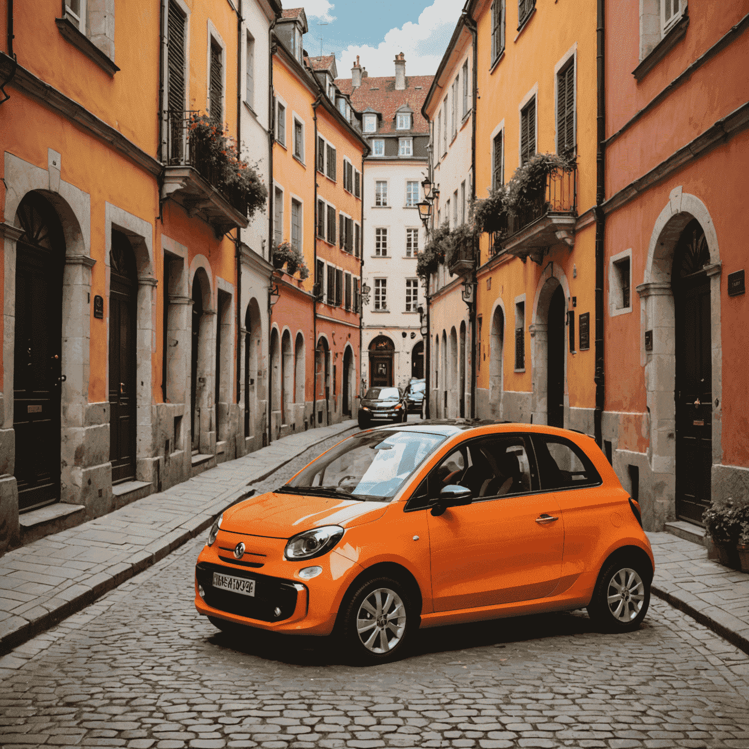 Een compacte, felgekleurde stadswagen geparkeerd in een smalle straat van een historische Europese stad