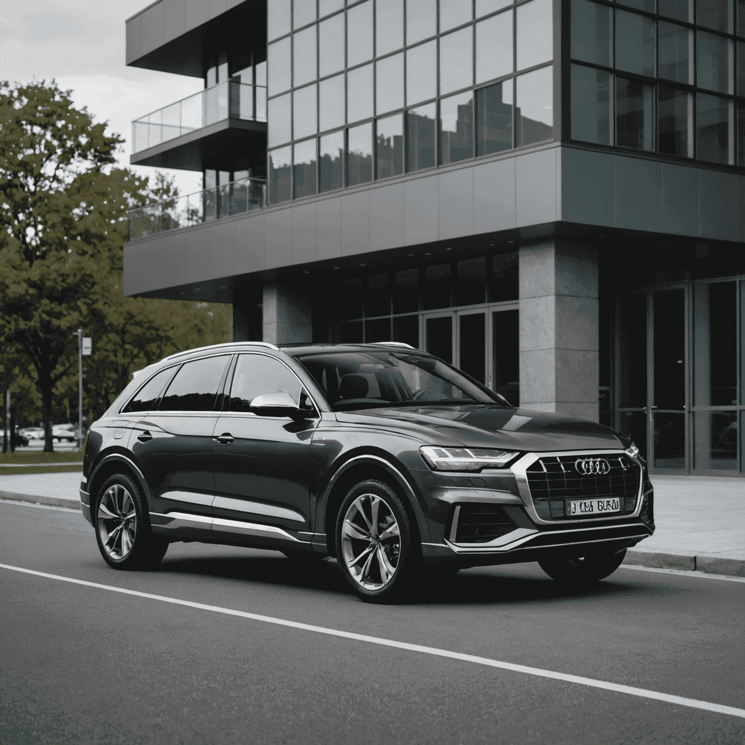 Een Audi Q6 e-tron in metallic donkergrijs, geparkeerd voor een moderne architectonische structuur met glazen gevels die de luxueuze uitstraling van de auto weerspiegelen